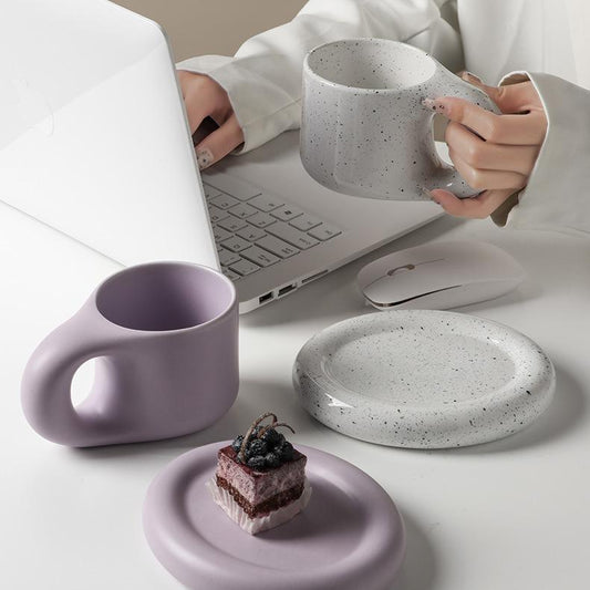 Chubby Mug & Saucer Set - 300ml Ceramic Coffee Cup with Plate for Drinks & Snacks (20.5x20.5x18.5cm, 1200g)