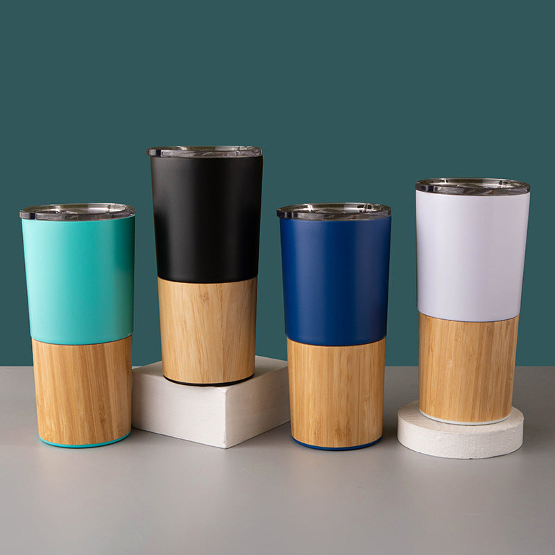 Double-Walled Stainless Steel Insulated Tumbler with Bamboo Shell Sleeve – 20oz Travel Mug for Coffee, Outdoor, and Car Use