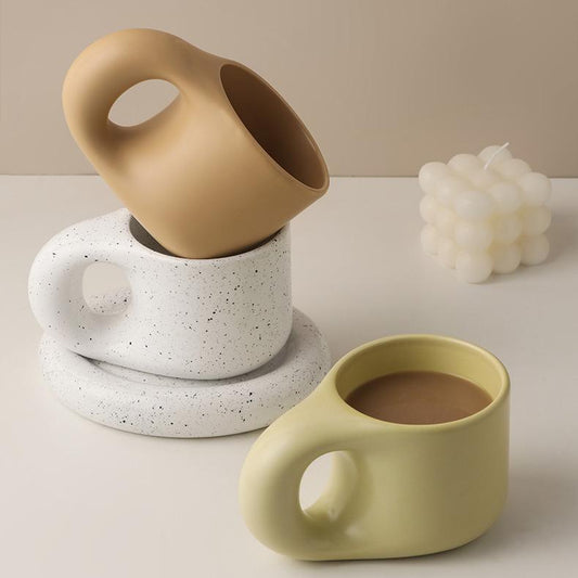 Chubby Mug & Saucer Set - 300ml Ceramic Coffee Cup with Plate for Drinks & Snacks (20.5x20.5x18.5cm, 1200g)