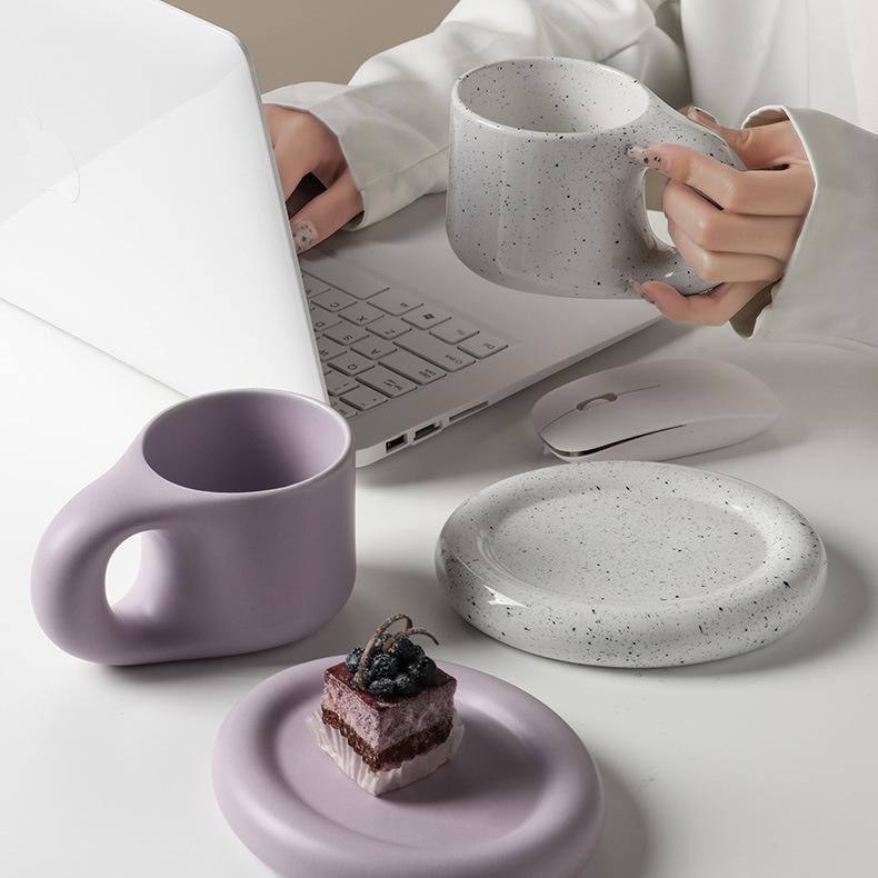 Chubby Mug & Saucer Set - 300ml Ceramic Coffee Cup with Plate for Drinks & Snacks (20.5x20.5x18.5cm, 1200g)