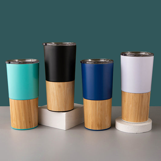 Double-Walled Stainless Steel Insulated Tumbler with Bamboo Shell Sleeve – 20oz Travel Mug for Coffee, Outdoor, and Car Use